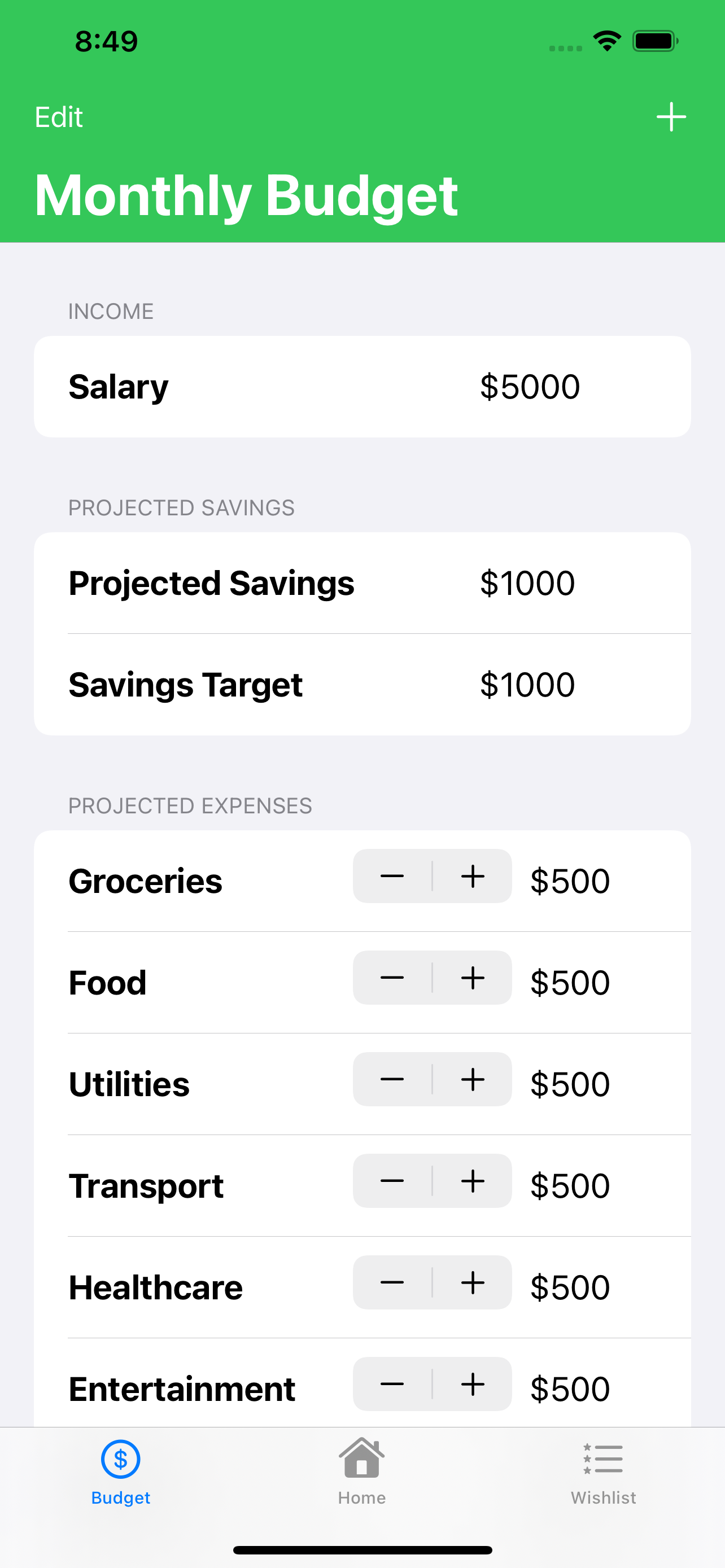 Wishey's Monthly Budget Screen